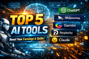 Infographic showing top 5 AI tools with icons and descriptions for business success